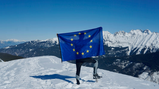 a man holding a flag on top of a snow covered mountain