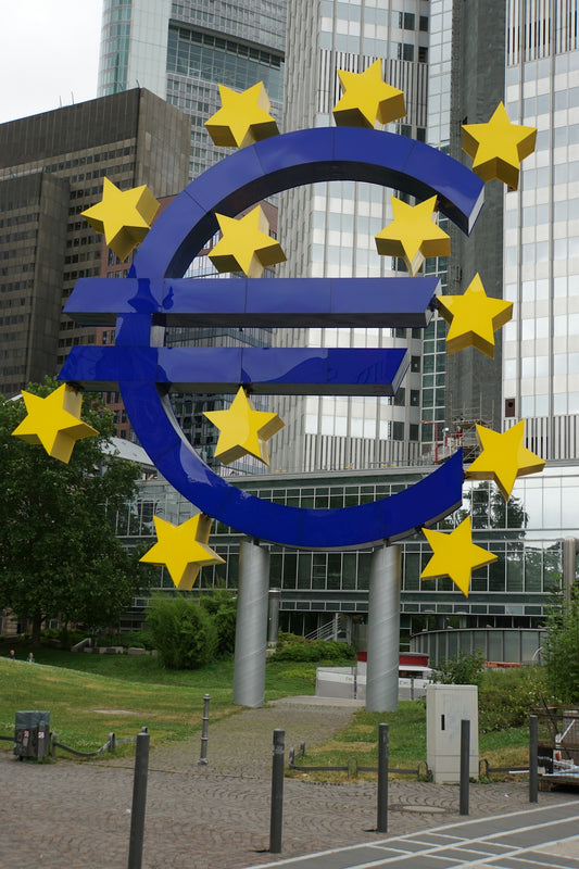 Iconic blue euro sign with yellow stars against city buildings.