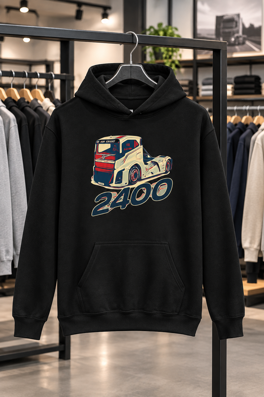 A black pullover hoodie hanging on a wooden hanger on a clothing rack inside a retail store. The hoodie features a graphic print of a white, blue, and red race truck with the number '2400' underneath.